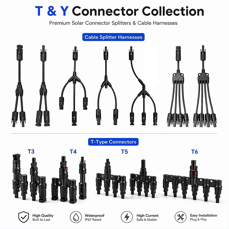 Solar PV Connector T-Type and Y-Type Branch Cable Parallel Adapter 2-Way 3-Way 4-Way 5-Way Photovoltaic Array Wiring Kit Set