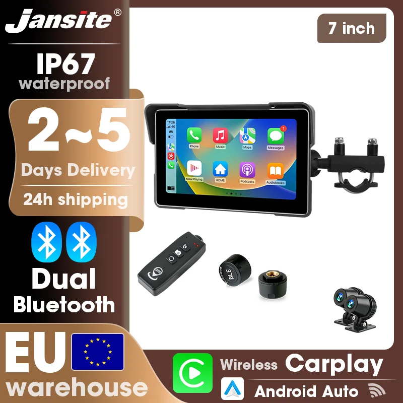 Jansite 7 Zoll tragbares Moto-Navigations-GPS für Motorräder, 2K-Kamera vorne und hinten, Bildschirmsteuerung, TMPS, Carplay, Android Auto