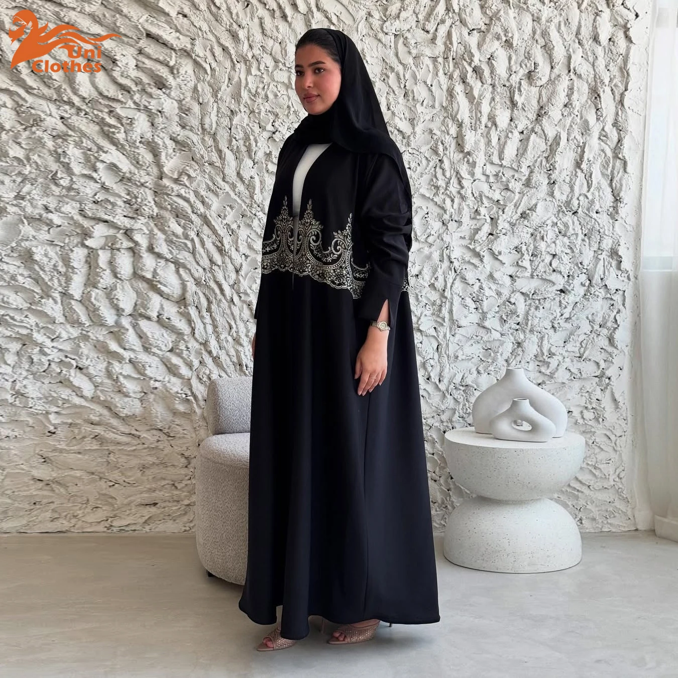 

UNI мусульманский скромный открытый халат Абая с длинными рукавами и аппликацией, кардиган, арабский женский кардиган, кимоно, одежда для ближневостока