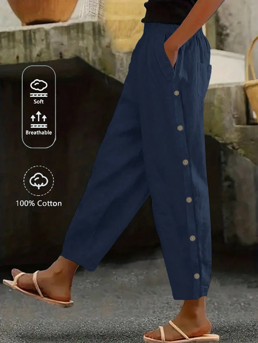 

Women Casual Minimalist Wide Leg Cotton Pants With Button Front