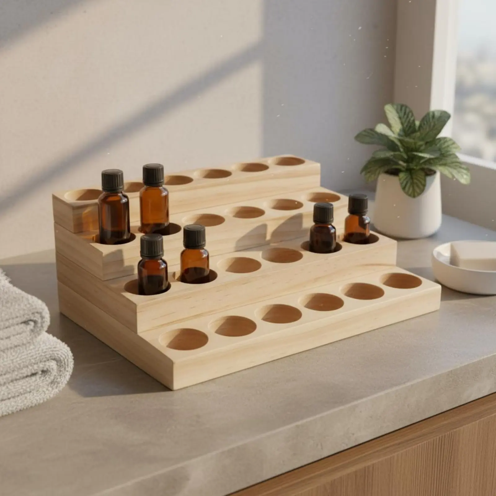 Essential Oil Display Stand Handmade 4 Tier Essential Oil Shelf Wooden Bottle Organizer Tabletop Home Storage No Tools Needed