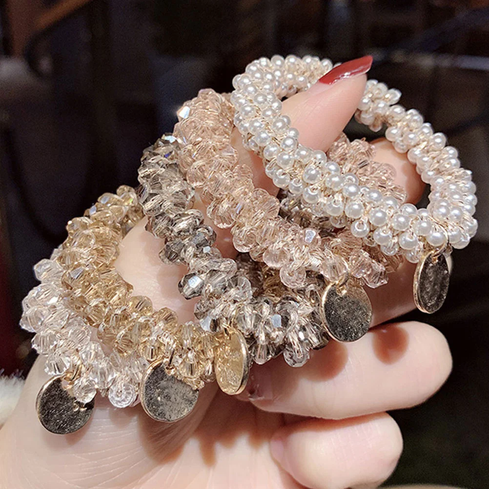 

3 шт., резинки для волос, жемчужные бусины, инкрустированные эластичными держателями для хвоста, высококачественная веревка для волос, розовый, серый, белый цвет для повседневного использования