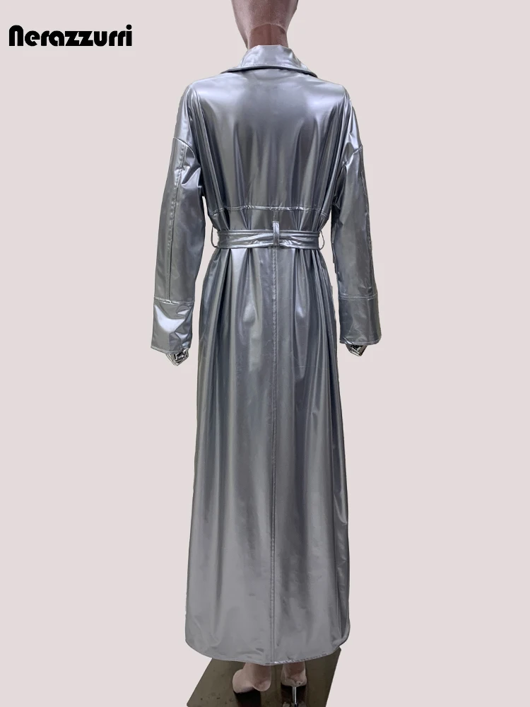 Nerazzurri Autumn Extra Long Soft Thin Flowy Silver PU Leather Trench Coat for Women Sashes Luxury Designer Emo Clothes Overcoat