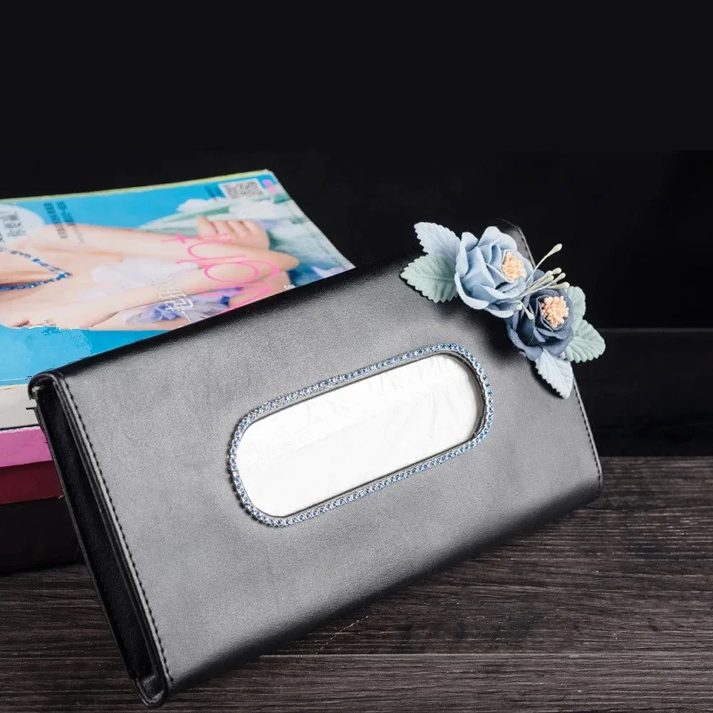 Leather Auto Paper Towels Holder with Flower for Women Girls Car Styling Accessories Black Sun Visor Type Car Tissue Bag Box