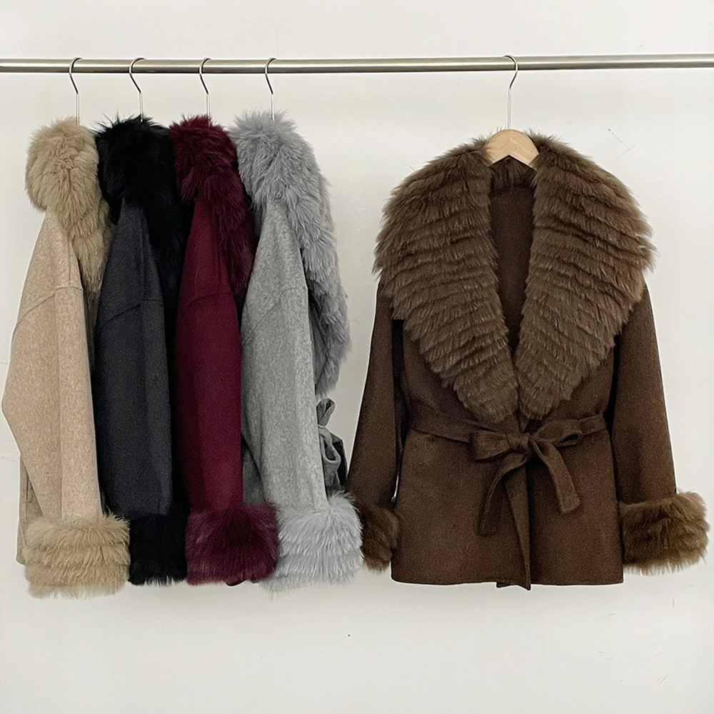 Women's Old Money Style Wool Coat Belted Women Short Fur Jacket Woolen Double Face Coat Business Casual for Fall Cold Season