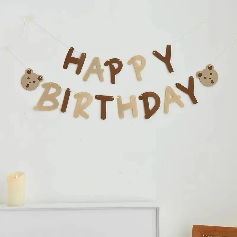 Bear Happy Birthday Banner Bear Birthday Hat Cream Caramel Number Balloons Kids Birthday Party Supplies Photo Prop Baby Shower