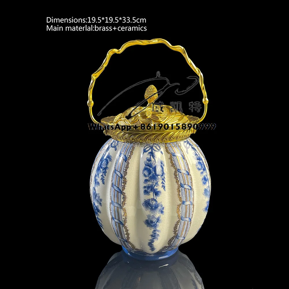 Gold Brass Handle and Lid Decorative Box Luxury Hand-Painted Floral Design Small Porcelain Pot for European Style Home Decor