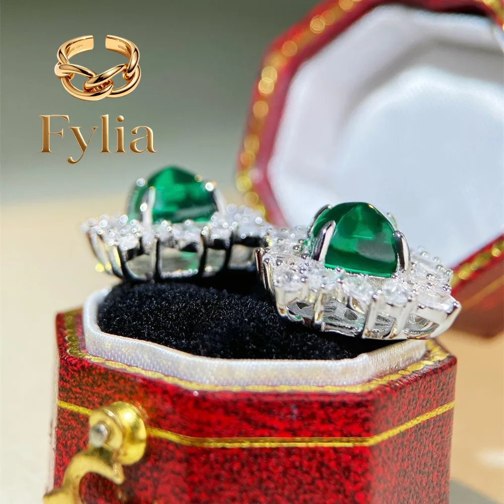 

Fylia Jewelry Luxury white gold solid platinum PT950 Earrings Women's Sugar Tower Emerald Luxury Full Diamond Inlaid Earrings