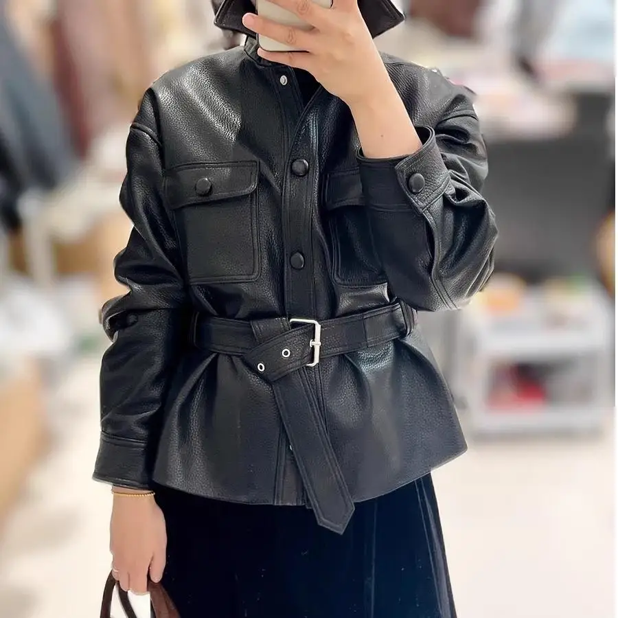 

Женская черная куртка из искусственной кожи с поясом на талии, облегающее короткое укороченное корейское стильное весенне-осеннее байкерское шикарное пальто