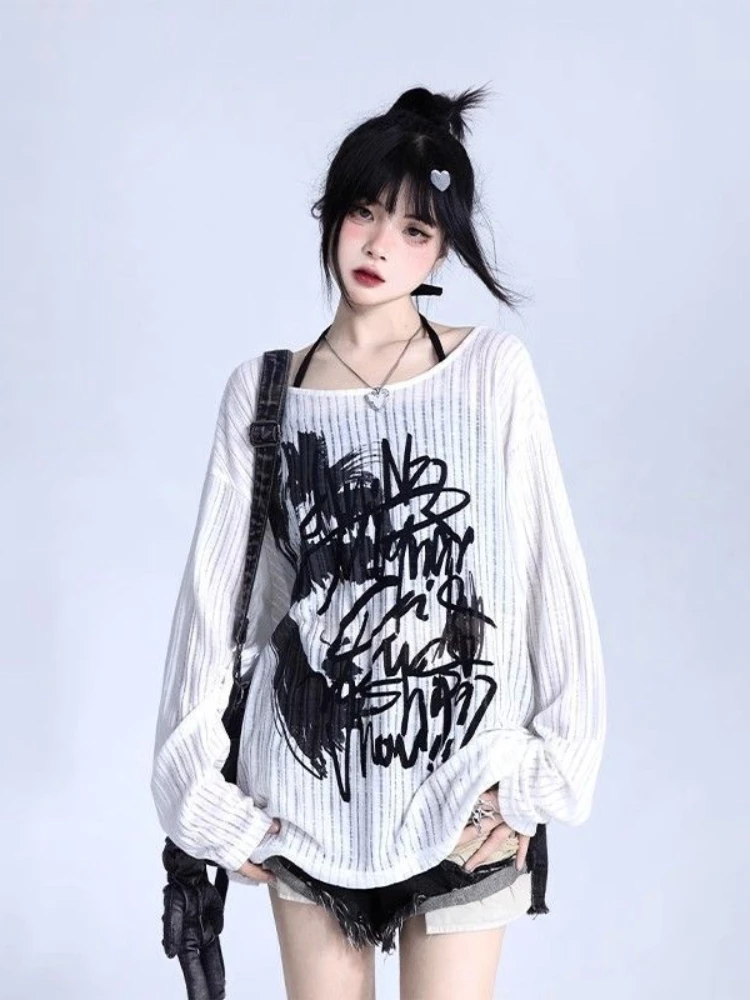 

QWEEK 2024 Graffit Punk Gothic Goth Harajuku T Shirt Women Autumn Fashion Y2k Gringe Fairy Long Sleeve Tees Korean Streetwear