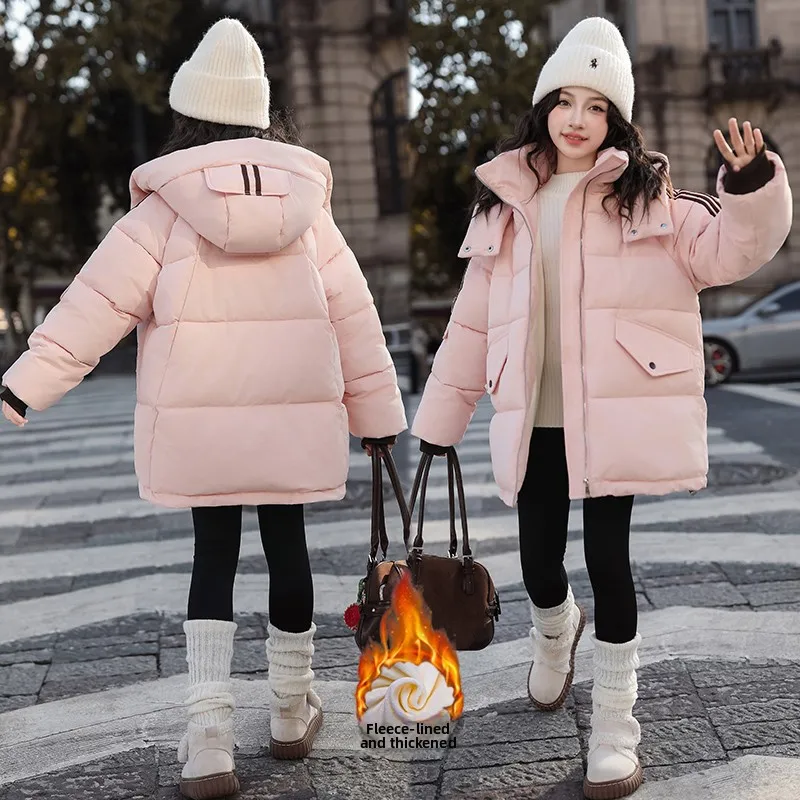 

Girls Winter Cotton Jaet Fce Lined Thiened Hooded Coat Middle School Students Faionable Trendy Zipper Closure Long S...