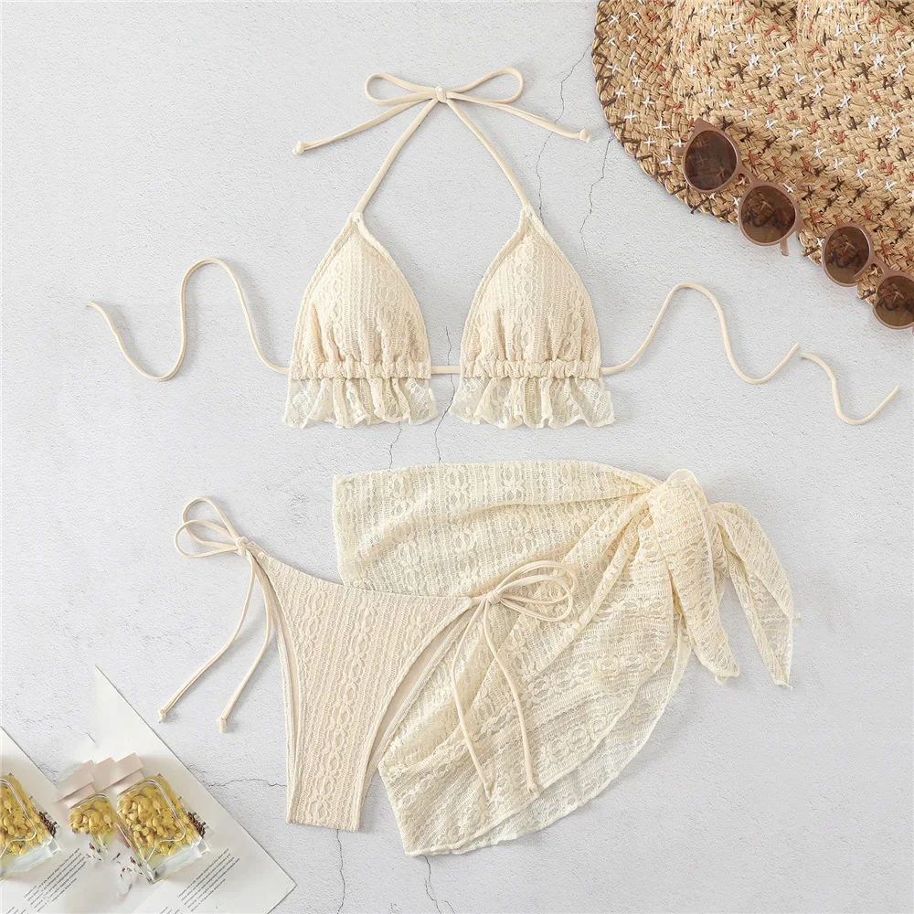 Halter String Triangolo 3 pezzi Bikini Set Beige Maglia di pizzo Costume da bagno sexy Donna 2026 Cover Up Costumi da bagno Costume da bagno Bikini Dames