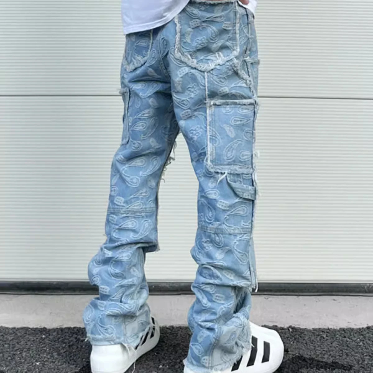 Jeans évasés baggy patchwork pour hommes, pantalons droits, zones bre, denim surdimensionné, fleur de cajou, effiloché urbain, Y2k