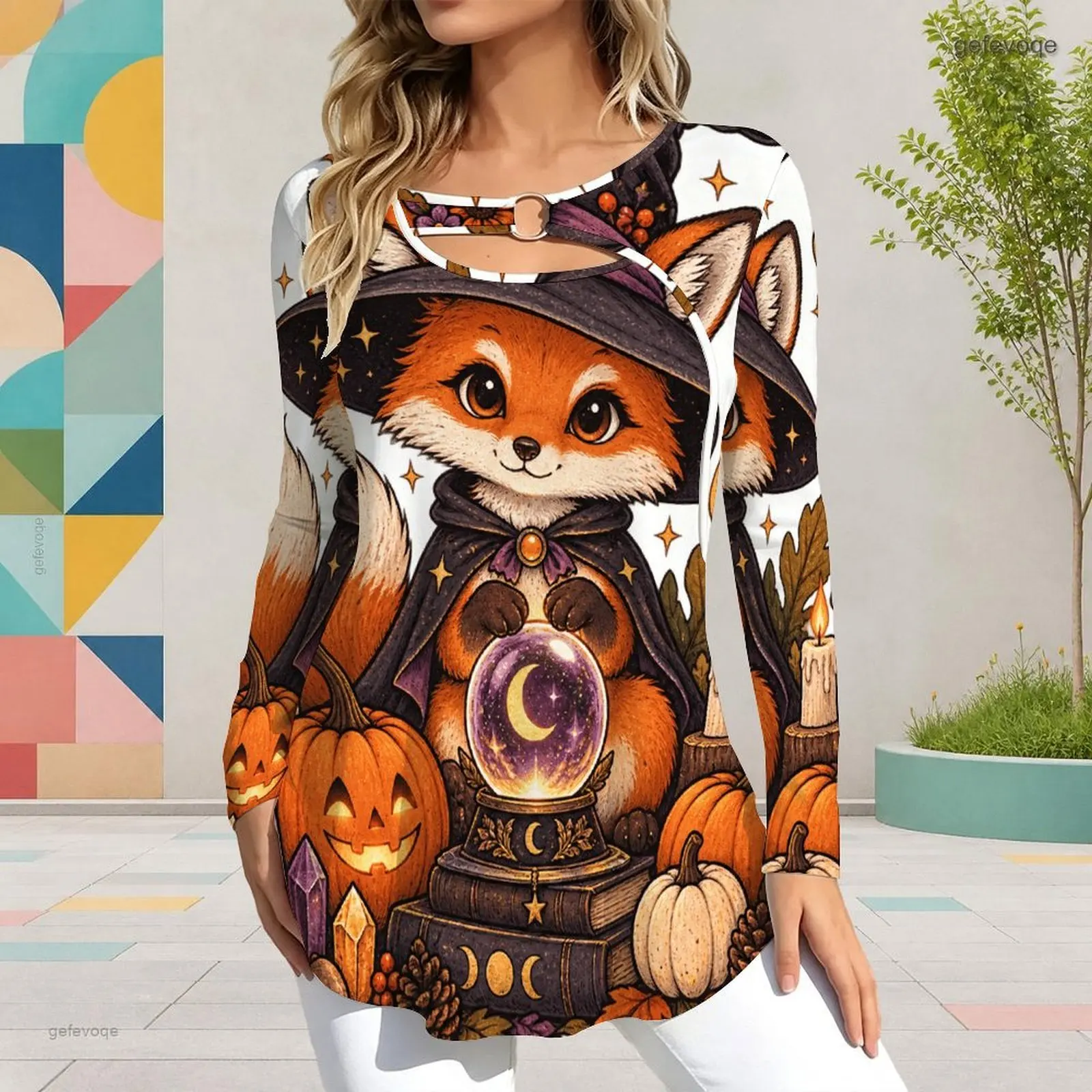 Women Keyhole Ring Neck Long Sleeve Flared Hem Printed Top