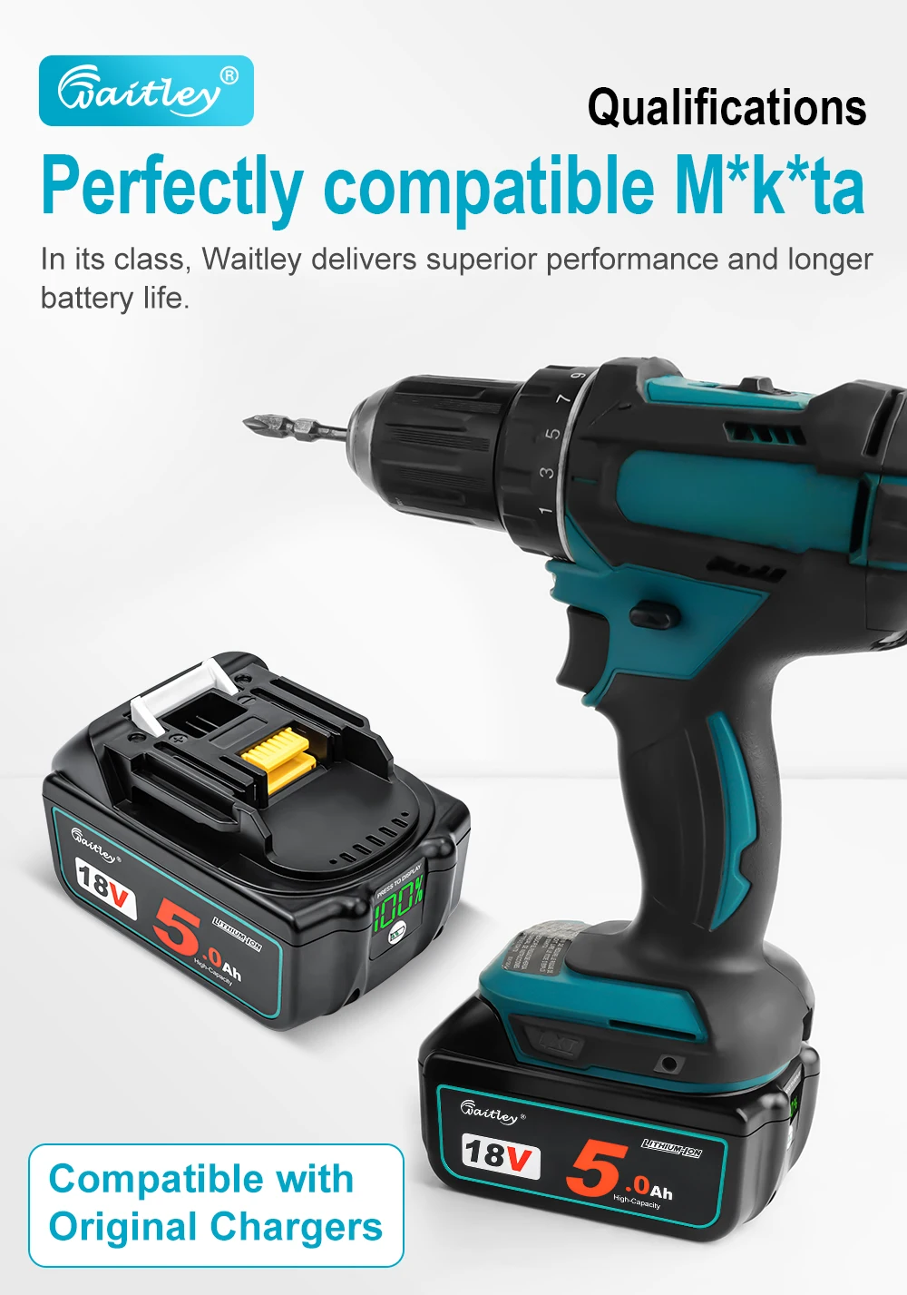 Waitley BL1850 18 V 5,0 Ah Ersatzakku für Makita Elektrowerkzeug 5000 mAh BL1840 BL1860 Akku mit LED-Leistungsanzeige 18 V 5 A – Detail 4