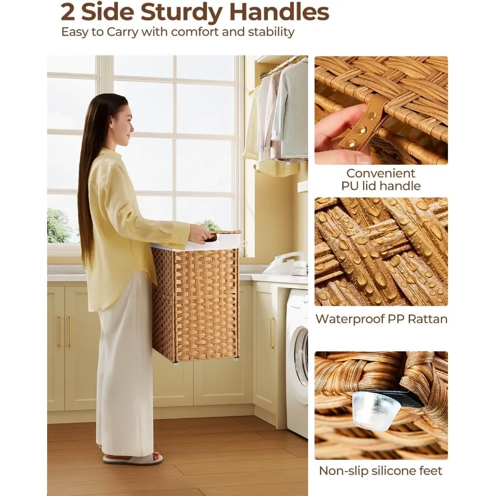 سلة غسيل قابلة للطي مع غطاء، 110 لتر لا حاجة للتثبيت، 2 كيس بطانة قابل للإزالة، سلة الروطان المنسوجة يدويًا لتنظيم المنزل #4