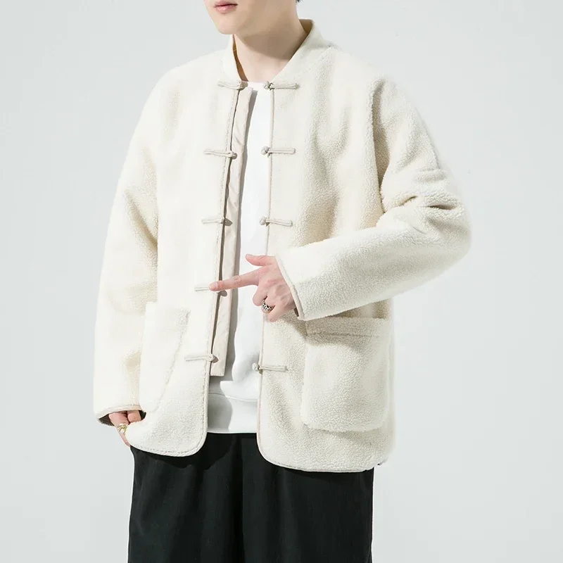 Winter Men's Lamb Wool Jacket Hanfu Chinese Style Thickened Warm Large Size Cotton Clothing Youth Retro Baseball Collar Jacket