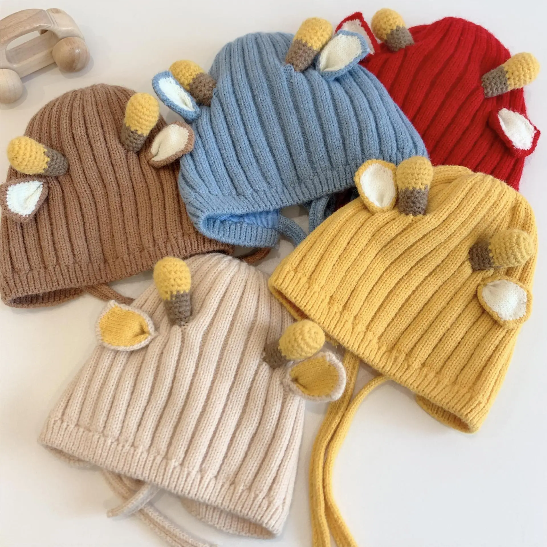 Cute Baby Autumn Winter Thick Warm Hats Knit Deer Ears Caps for Newborn Infant Beanies with Windproof Rope 6-24months