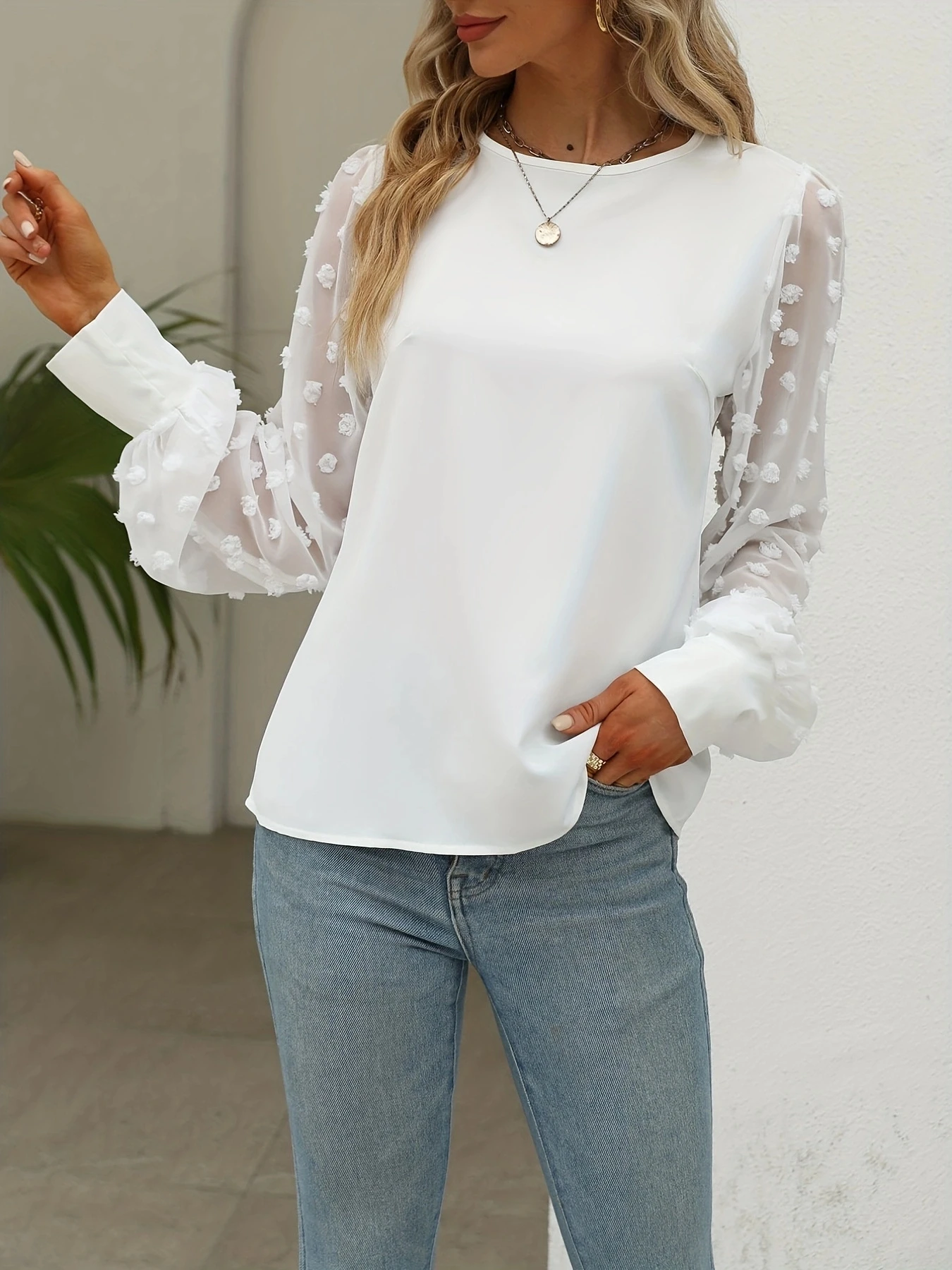 Women\'s Chiffon Autumn/Winter New Product Spliced Round Neck Solid Color Jacquard Dot Long sleeved Shirt