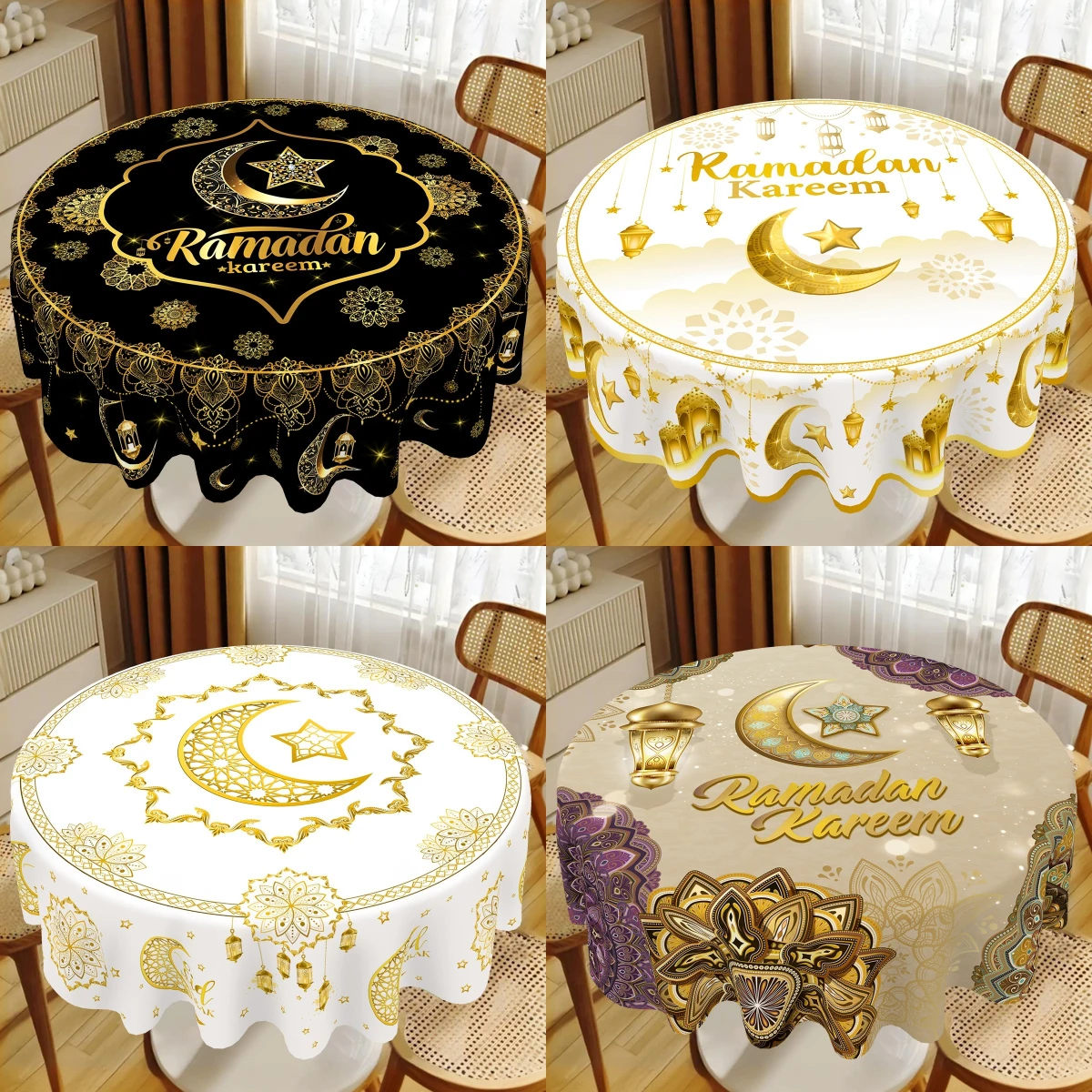 Capa de Mesa Redonda para o Ramadã, Decoração de Ramadã 2026 para Casa, Toalha de Mesa Ramadan Kareem, Presente para Festa Islâmica Muçulmana Eid Al-Fitr