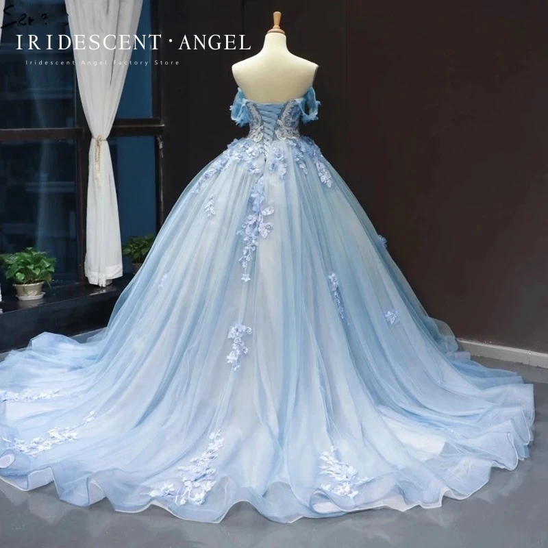 Gaun bola warna-warni biru muda dari bahu terbuka gaun 15 tahun untuk gaun Quinceanera muda pesta malam Prom bunga 3D