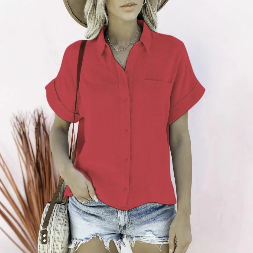 Camisa de lino de manga corta para mujer, blusa informal con cuello abotonado de verano para traje de vacaciones en la playa