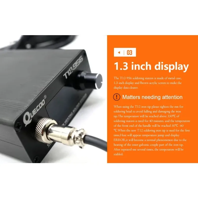 QUECOO – Station numérique à souder T12-956, fer à souder électronique OLED 1.3 pouces avec poignée M8 noire et fer à souder T12