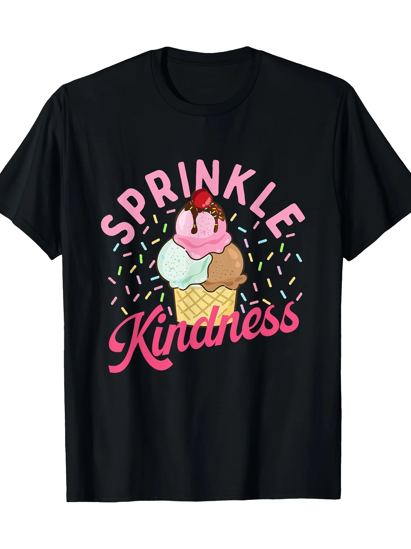 2026 Men's Oversized 100% Cotton Sprinkle Kindness Ice Cream T-Shirt - Black with Pink Cursive Slogan & Colorful Sprinkles, Scoo