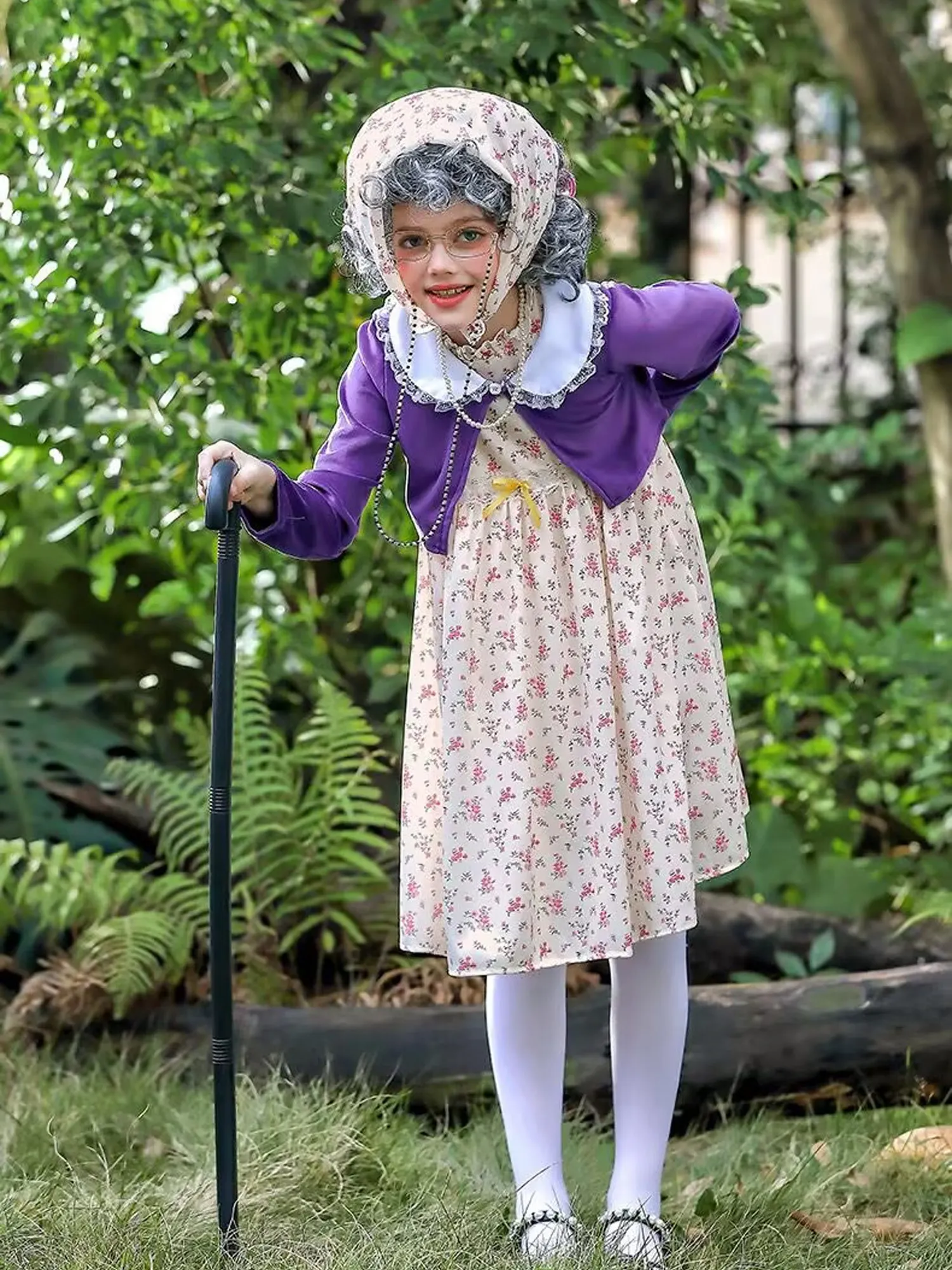 زي الفتيات السيدة العجوز 100 يوم من المدرسة فستان الجدة الجدة 10 قطع شعر مستعار الزي