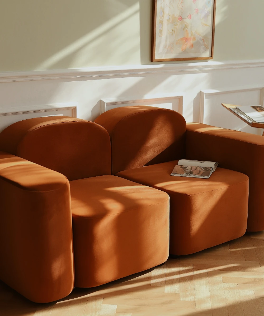 Caramel colored Nordic modular fabric sofa, small unit flannel, modern and minimalist