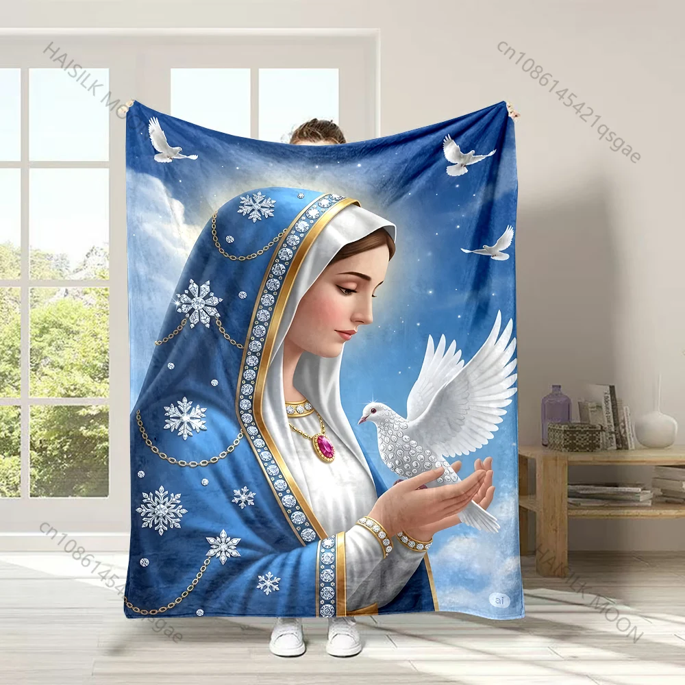 1PC Virgin Mary blue robe dove Faith-printed Flannel Blanket Soft and Warm Suitable for Home Travel Picnics Camping and RV Use