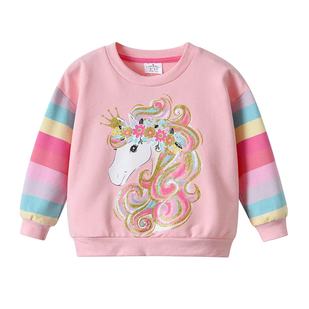 VIKITA Girls Cartoon Pink Outfits Kids Rainbow Striped Cotton Sweatshirt and Colorful Leggings Children Clothing 2 Pcs Sets