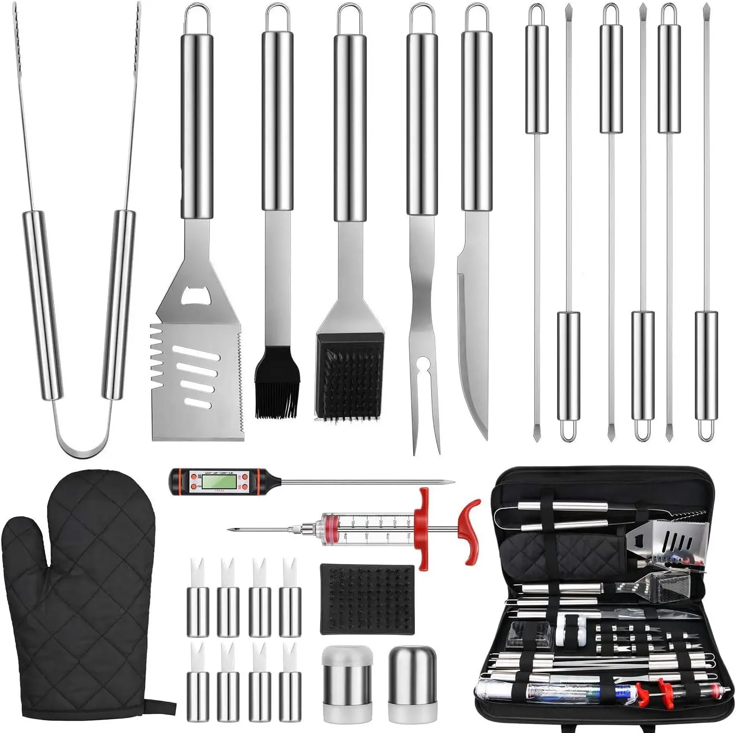 

27-Piece Grill Set with Thermometer & Injector – Stainless Steel BBQ Tools for Outdoor Cooking, Camping, and Backyard Barbecue