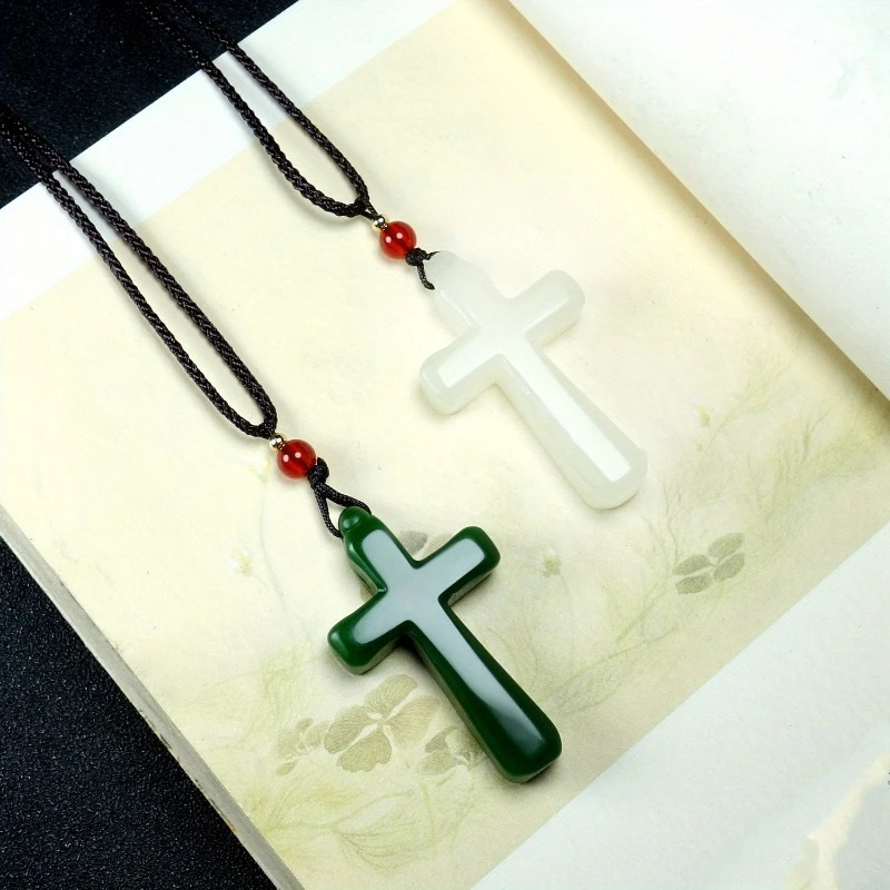 Genuine Jade Cross Pendant Good Luck Necklace for Men and Women Fashion Religious Charm Jewelry Gift Jade Necklace