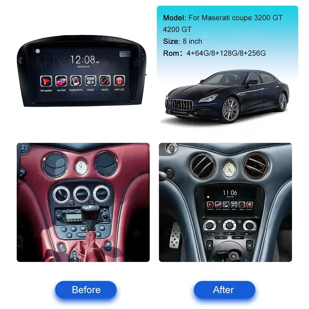

Автомагнитола Android 13 для Maserati Coupe 3200 GT 4200 GT 2004-2010 с GPS-навигацией, сенсорным экраном и поддержкой CarPlay