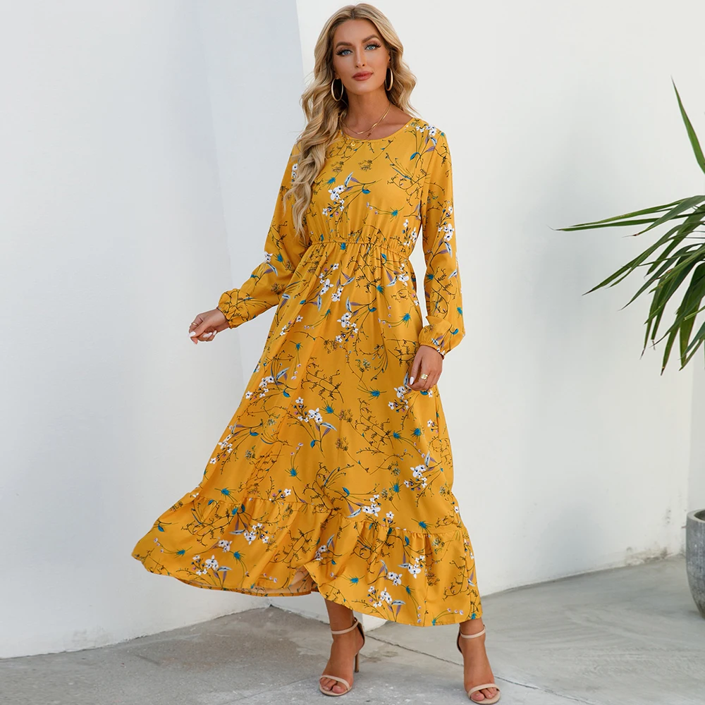 Maxi abiti da donna Sping autunno bohémien Casual manica intera vita alta spiaggia donna abiti in Chiffon abito lungo floreale vestido