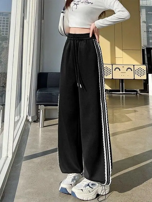 

plus Size 300 Pounds Fat MM Lace Trim Splice Stripe Sports Pants Women Autumn Winter Slim High Waist Harlan Sweatpants