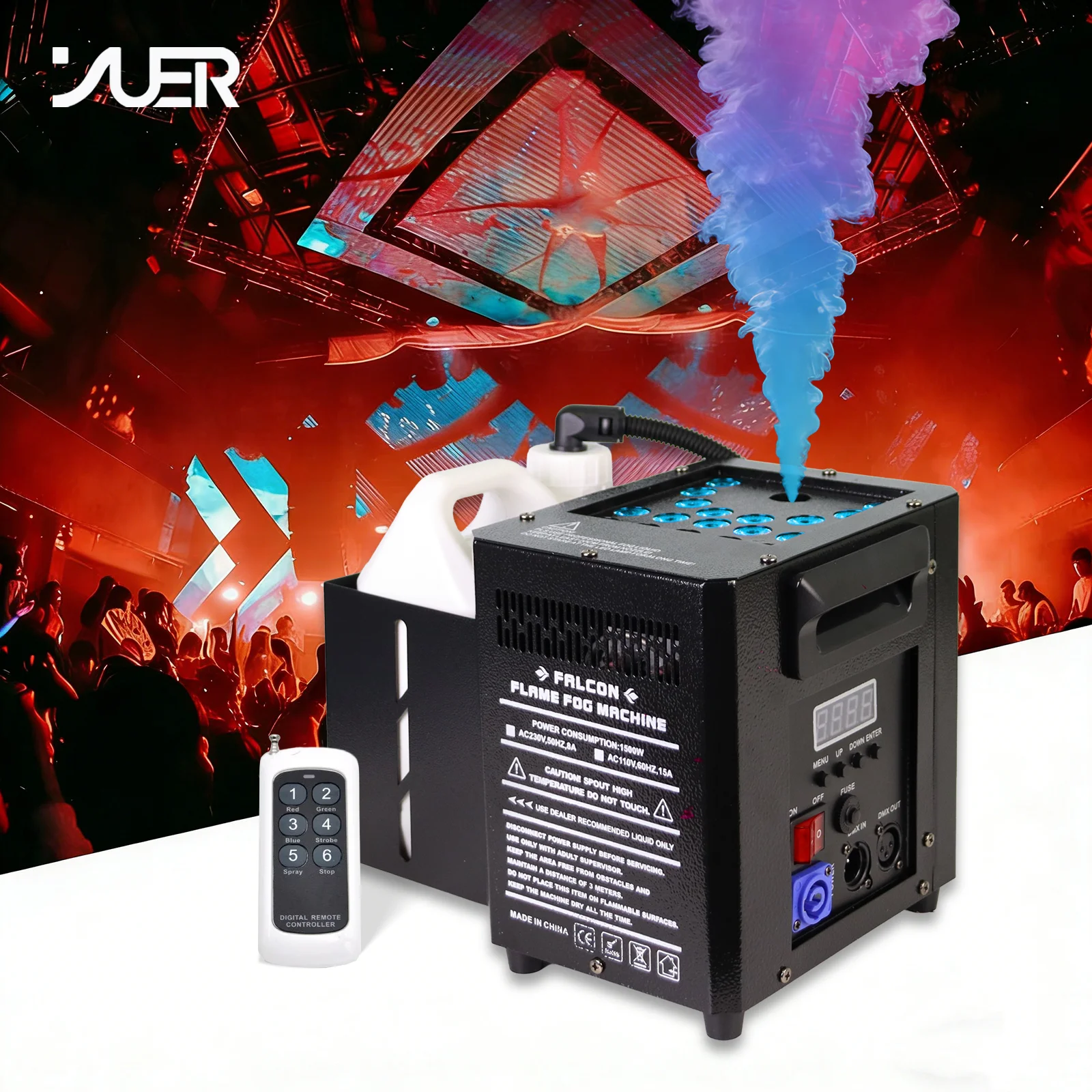 1500W RGB LED Stage Smoke Machine Multi-Angle Gas Column Fog Machine 8M Spray Height DMX Remote For DJ Disco Wedding Party Show