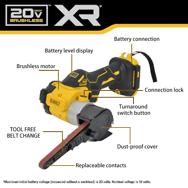 

DEWALT DCM200 20V MAX XR 18 дюймов. Контактный рычаг Bandfile 700 MWO 104 ° Беспроводная ленточная шлифовальная машина с вращающимся бесщеточным двигателем