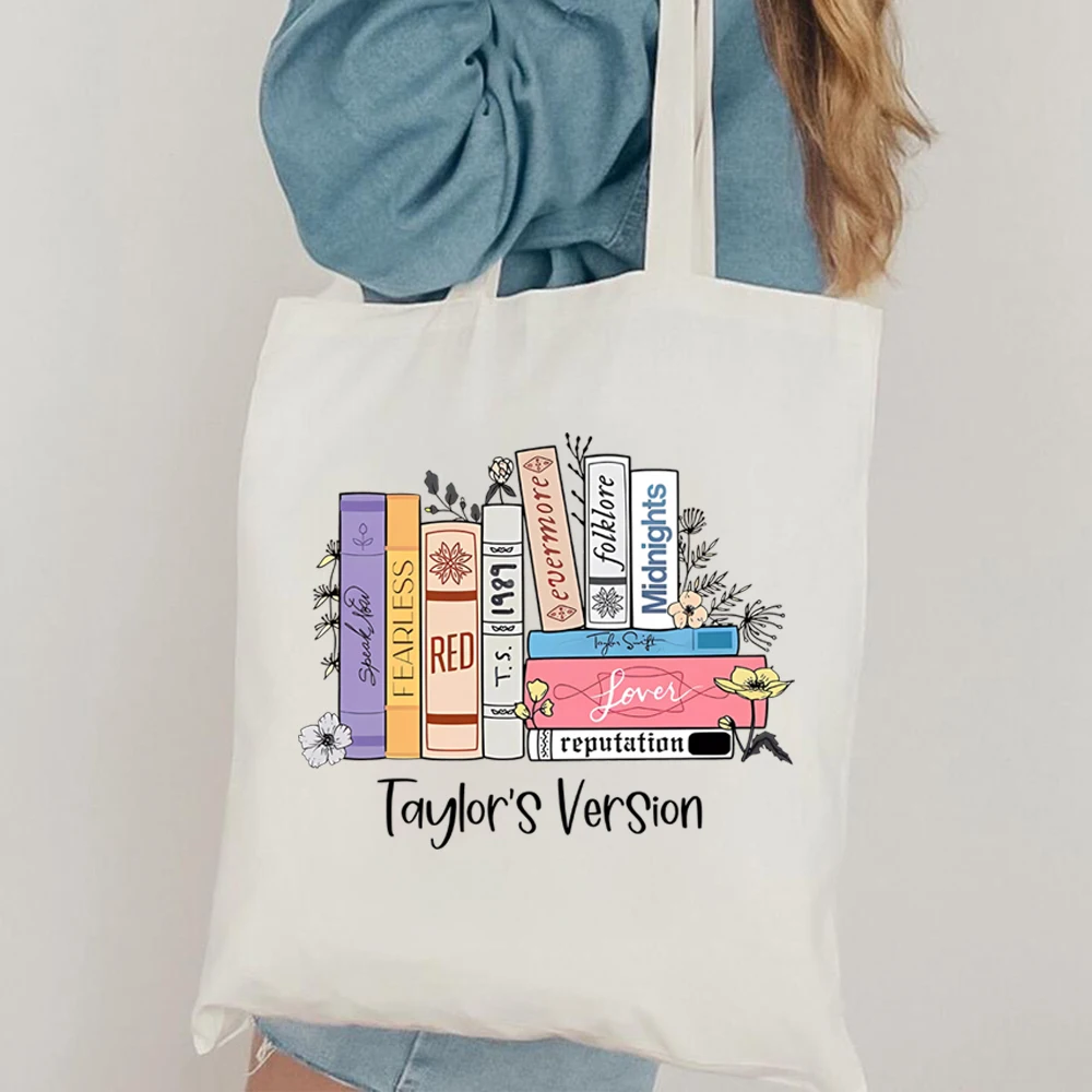 Taylors Version Cavas Tote Bag Floal Music Albums As Books Graphic Shopping Bag Women Cute Travle Bag Eco Friendly Tote Bags