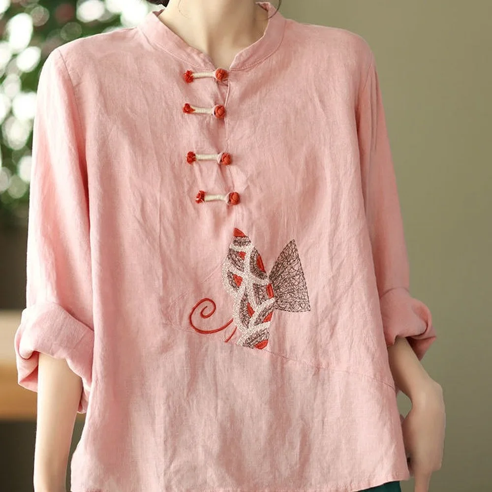 2023 Chinese Style Shirt plus size 3XL Traditional Clothing for Women Linen Embroidery Tops Female Retro Loose Hanfu Blouse images - 6