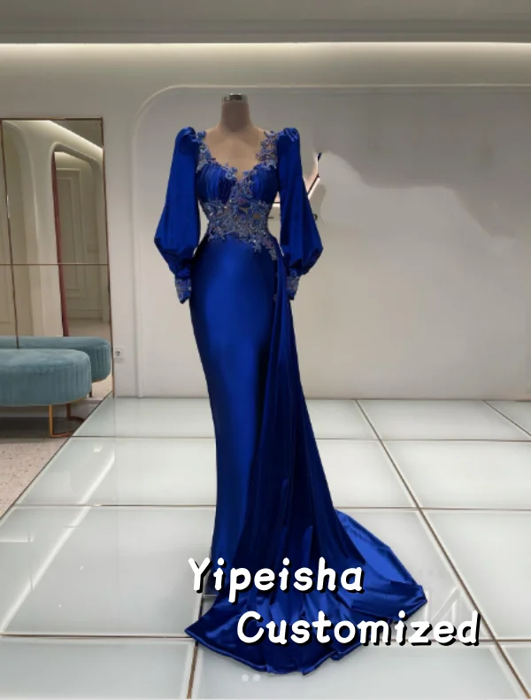 Robes de bal sirène en satin bleu royal personnalisées, décolleté en V, robes de soirée perlées, manches longues, robe formelle avec traîne de balayage