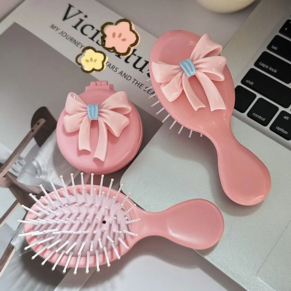 Durable Pink Round Folding Comb with Mirror Anti Static Bow Decor Air Cushion Comb Princess Style Compact Massage Comb Girl