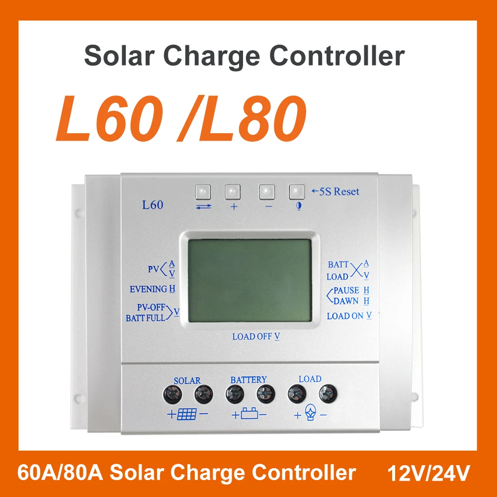 Controlador de Carga Solar Automático Regulador do Painel para Entrada Máxima de 50v Todos os Dados em um Display Série l 60a 80a 12v 24v L60 L80