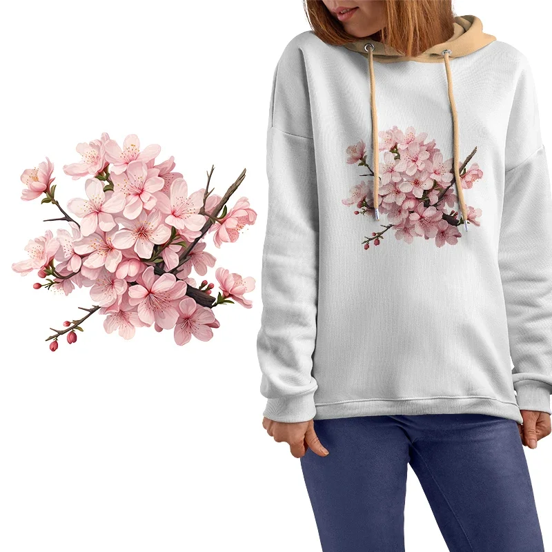 Watercolor Beautiful Cherry Blossom Iron on Patches for DIY Heat Transfer Clothes Thermal Transfer Stickers Decoration Printing