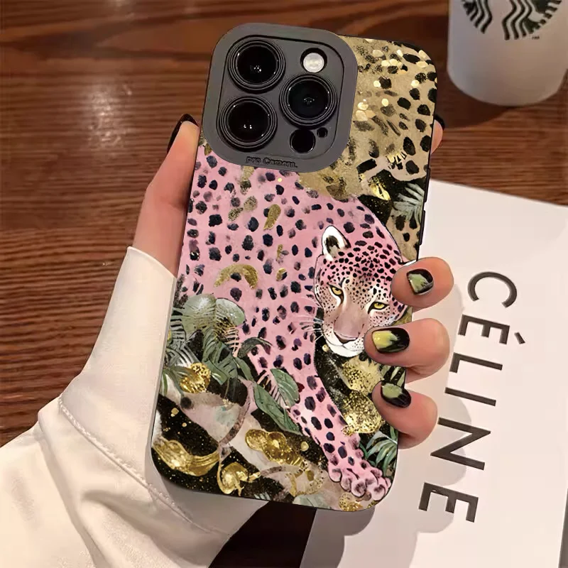 Etui na telefon w panterkę z kwiatami do iPhone 17 16 Pro Max 15 14 13 12 11 7 8 Plus 16E 17 Air Shockproof Matte Soft Silicone Cover