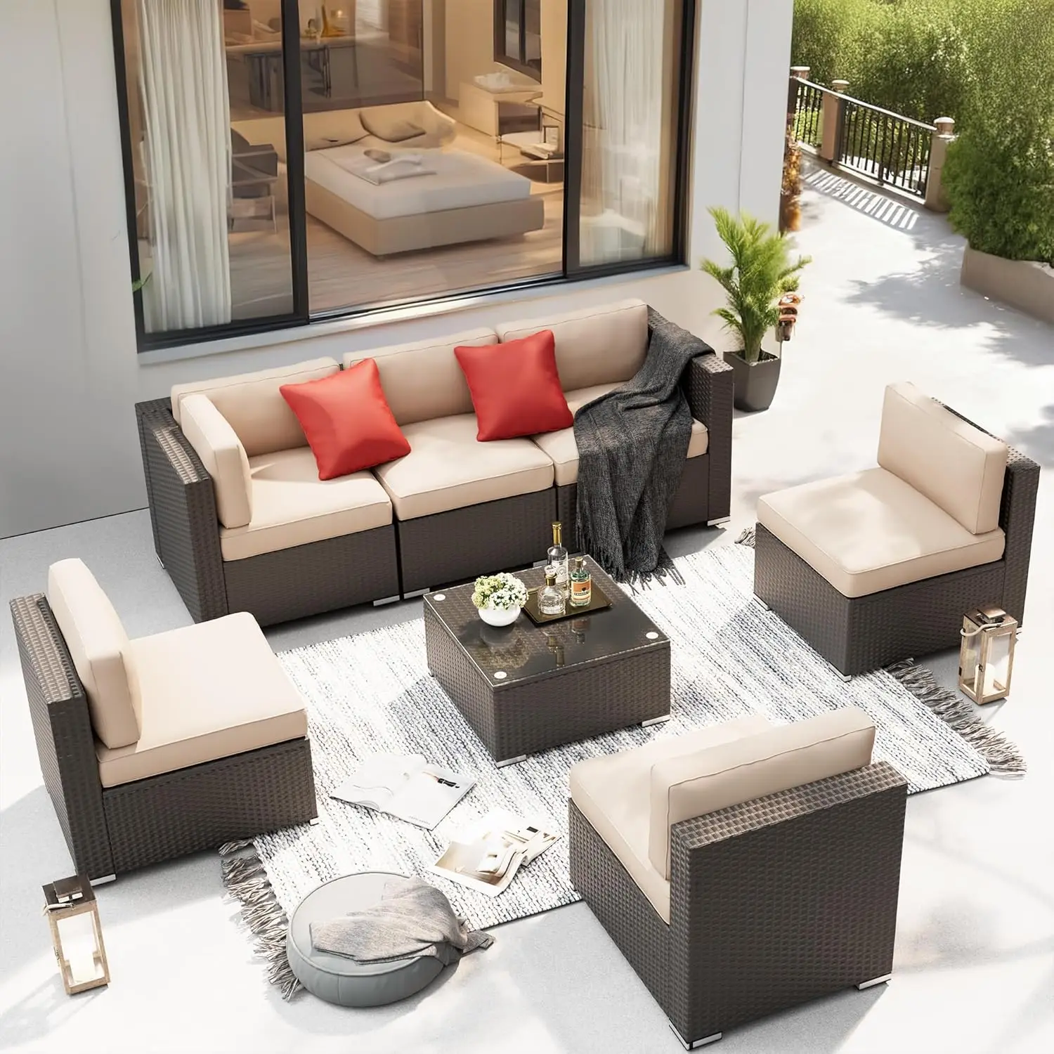 7-Piece Outdoor Patio Furniture Sofa Set All-Weather Wicker Sectional Conversation Set with Modern Glass Coffee Table
