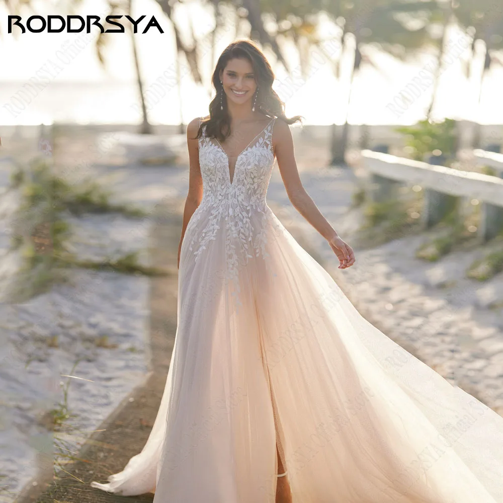 Roddrsya bohème dos nu a - ligne robe de mariée 2024 sans manches côté fourche aRODDRSYA-Robe de mariée trapèze dos nu Boho, 2024 fibre latérale, appliques aux patients, quel que soit le col en V, tulle, robe éducative