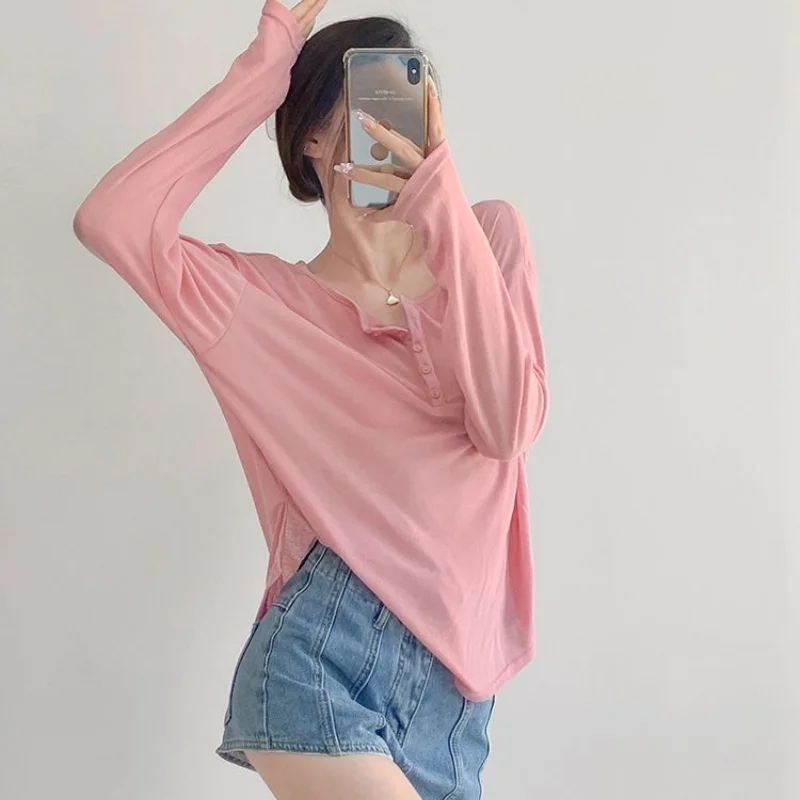 Lady Spring Button Placket Long Sleeve Women Solid Color Pink  Slouchy Long Sleeve Girls Casual Fit  Coquette Top