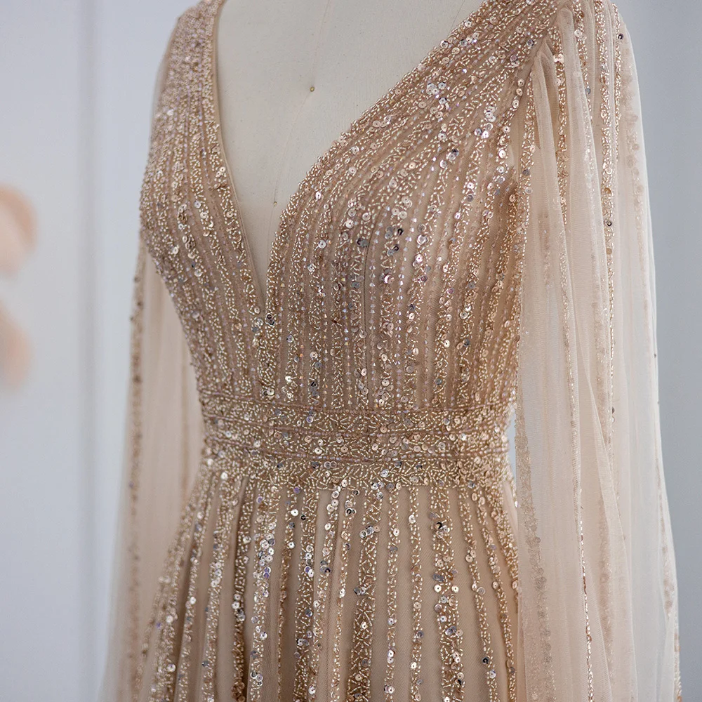 Sharon Said Luxuriöse Champagner-Abendkleider mit Cape-Ärmeln, Arabisches Grün-Nude Ballkleid für Damen, Hochzeitsfeier SS322 Maßanfertigung – Detail 11